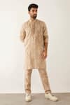 Son of A Noble Snob_Beige 100% Linen Printed Catchfly Roan Pleated Kurta And Pant Set  _at_Aza_Fashions