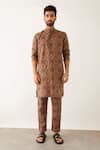 Shop_Son Of A Noble Snob_Brown Linen Halles Clover Print Kurta And Trouser Set _Online_at_Aza_Fashions