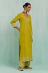 Buy_TIC_Green Cotton Slub Embroidered Gotapatti V Gota Embellished Kurta With Palazzo _Online_at_Aza_Fashions