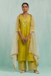 TIC_Green Cotton Slub Embroidered Gotapatti V Gota Haar Neckline Kurta With Palazzo _at_Aza_Fashions