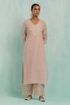 Buy_TIC_Pink Cotton Slub Embroidered Gotapatti V Neck Gota Kurta With Palazzo _at_Aza_Fashions