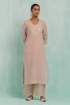 TIC_Pink Cotton Slub Embroidered Gotapatti V Neck Placed Gota Kurta Palazzo Set _Online_at_Aza_Fashions