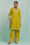 TIC_Green Cotton Slub Embroidered Straight Gota Embellished Kurta Palazzo Set _Online