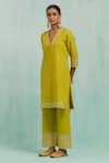 Buy_TIC_Green Cotton Slub Embroidered Gota Embellished Straight Kurta With Palazzo 