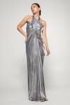 Cham Cham_Silver Stretch Knit Foil Solid Halter Neck Metallic Gown _Online_at_Aza_Fashions