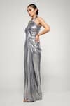 Buy_Cham Cham_Silver Stretch Knit Foil Solid Halter Neck Metallic Gown _Online_at_Aza_Fashions