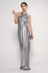 Shop_Cham Cham_Silver Stretch Knit Foil Solid Halter Neck Metallic Gown _Online_at_Aza_Fashions