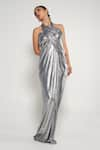 Buy_Cham Cham_Silver Stretch Knit Foil Solid Halter Neck Metallic Gown 