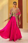 Buy_Priyanka Singh_Fuchsia Dupion Silk Embroidered Gota Square Neck Cape Sharara Set _at_Aza_Fashions