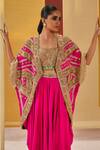 Buy_Priyanka Singh_Fuchsia Dupion Silk Embroidered Gota Square Neck Cape Sharara Set _Online_at_Aza_Fashions