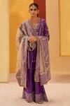 Buy_Priyanka Singh_Purple Silk Organza Embroidered Zardosi V A-line Short Kurta Pant Set  _at_Aza_Fashions