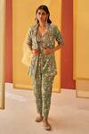 Buy_Priyanka Singh_Green Crepe Printed Floral Blazer  Lapel Collar Jumpsuit With  _at_Aza_Fashions