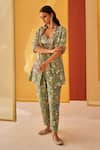 Shop_Priyanka Singh_Green Crepe Printed Floral Blazer  Lapel Collar Jumpsuit With  _at_Aza_Fashions