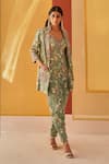 Priyanka Singh_Green Crepe Printed Floral Blazer  Lapel Collar Jumpsuit With  _Online_at_Aza_Fashions