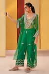 Buy_Priyanka Singh_Green Organza Embroidery Zardozi Plunge V Neckline Pheran Pant Set  _at_Aza_Fashions