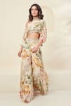 Basanti - Kapde Aur Koffee_Ivory Chinon Print Floral Bloom Asymmetric Neck Top With Trouser _Online_at_Aza_Fashions