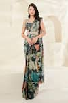 Buy_Basanti - Kapde Aur Koffee_Green Chinon Printed Botanical Blunt V Neck Pre-draped Saree With Blouse _at_Aza_Fashions