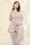 Basanti - Kapde Aur Koffee_Beige Printed Floral Round Peplum Kurta And Dhoti Pant Set_Online_at_Aza_Fashions