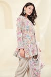 Buy_Basanti - Kapde Aur Koffee_Beige Printed Floral Round Peplum Kurta And Dhoti Pant Set_Online_at_Aza_Fashions