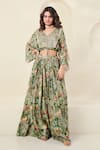 Buy_Basanti - Kapde Aur Koffee_Green Chinon Printed Floral V Neck Blouse And Flared Pant Set _at_Aza_Fashions