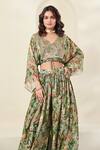 Basanti - Kapde Aur Koffee_Green Chinon Printed Floral V Neck Blouse And Flared Pant Set _Online_at_Aza_Fashions