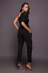 Shop_Deepika Arora_Black Ponte Roma Embroidered Sequin Work One Shoulder Bodysuit And Pant Set _at_Aza_Fashions