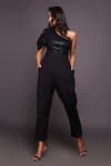 Deepika Arora_Black Ponte Roma Embroidered Sequin Work One Shoulder Bodysuit And Pant Set _Online_at_Aza_Fashions