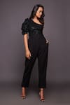 Shop_Deepika Arora_Black Ponte Roma Embroidered Sequin Work One Shoulder Bodysuit And Pant Set _Online_at_Aza_Fashions