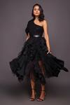 Shop_Deepika Arora_Black Ponte Roma Embroidered Sequin Work One Bodysuit And Ruffle Skirt Set _at_Aza_Fashions