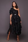 Shop_Deepika Arora_Black Ponte Roma Embroidered Sequin Work One Bodysuit And Ruffle Skirt Set _Online_at_Aza_Fashions