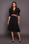 Buy_Deepika Arora_Black Pashmina V-neck Cowl Sleeve Dress With Belt_at_Aza_Fashions