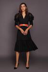 Deepika Arora_Black Pashmina V-neck Cowl Sleeve Dress With Belt_Online_at_Aza_Fashions