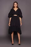 Deepika Arora_Black 100% Cotton Plain V Neck Puff Sleeve Top And Skirt Set _Online_at_Aza_Fashions