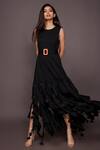 Buy_Deepika Arora_Black Cotton Round Neck Solid Ruffle Shift Dress With Belt_at_Aza_Fashions