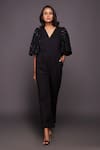 Buy_Deepika Arora_Black Ponte Roma Embroidered Sequins V Neck Sleeve Jumpsuit _at_Aza_Fashions