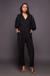 Buy_Deepika Arora_Black Ponte Roma Embroidered Sequins V Neck Sleeve Jumpsuit _Online_at_Aza_Fashions