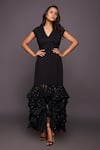 Buy_Deepika Arora_Black Ponte Roma Embroidered Sequins V Neck Ruffle Dress _at_Aza_Fashions