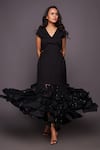 Deepika Arora_Black Ponte Roma Embroidered Sequins V Neck Ruffle Dress _Online_at_Aza_Fashions