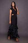 Shop_Deepika Arora_Black Ponte Roma Embroidered Sequins V Neck Ruffle Dress _Online_at_Aza_Fashions