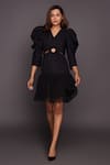 Buy_Deepika Arora_Black Cotton Cut Work V-neck Puffed Sleeve Dress _at_Aza_Fashions