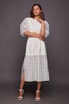 Deepika Arora_White Ponte Roma Round Cutwork Midi Dress _Online_at_Aza_Fashions