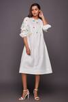 Buy_Deepika Arora_White 100% Cotton Round Balloon Sleeve Dress With Belt _Online_at_Aza_Fashions