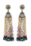 Shop_Heer-House Of Jewellery_Silver Plated Pearls Indradhanush Long Tassel Jhumkas_at_Aza_Fashions