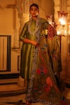 Buy_XOXO Apurva_Green Embroidered Floral Band Collar Zardosi Achkan Set _at_Aza_Fashions