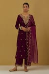 Buy_Ikshita Choudhary_Magenta Silk Velvet Embroidered Paisley Notched Kurta Pant Set _at_Aza_Fashions