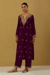 Buy_Ikshita Choudhary_Magenta Silk Velvet Embroidered Paisley Notched Kurta Pant Set _Online_at_Aza_Fashions