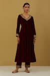 Ikshita Choudhary Maroon Silk Velvet, Shimmer Organza Floral, Paisley V Neck Anarkali Pant Set Online at Aza Fashions Ikshita Choudhary_Maroon Silk Velvet, Shimmer Organza Floral, Paisley V Neck Anarkali Pant Set _Online_at_Aza_Fashions