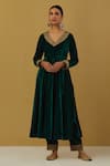 Buy Ikshita Choudhary Green Silk Velvet, Shimmer Organza Floral, Paisley V Neck Anarkali Pant Set Online at Aza Fashions Buy_Ikshita Choudhary_Green Silk Velvet, Shimmer Organza Floral, Paisley V Neck Anarkali Pant Set _Online_at_Aza_Fashions