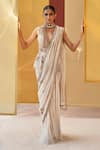 Buy_Priyanka Singh_Ivory Net Embroidery Zardozi Deep V Neck Pre-draped Saree With Top  _at_Aza_Fashions