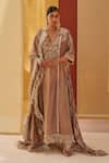 Buy_Priyanka Singh_Beige Cotton Embroidery Zardozi V Neck And Sequin Pheran & Salwar Set  _at_Aza_Fashions